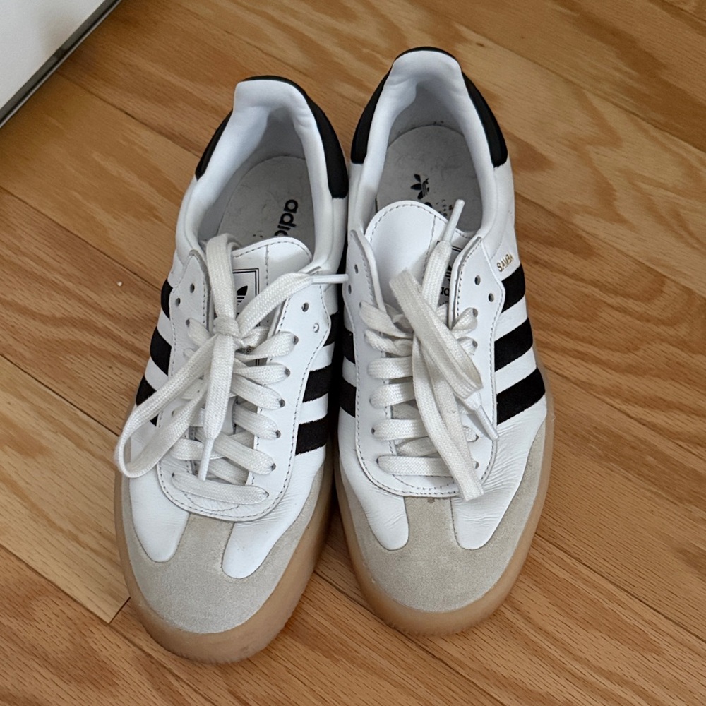 Adidas White and Black Sneakers with Tan Sole